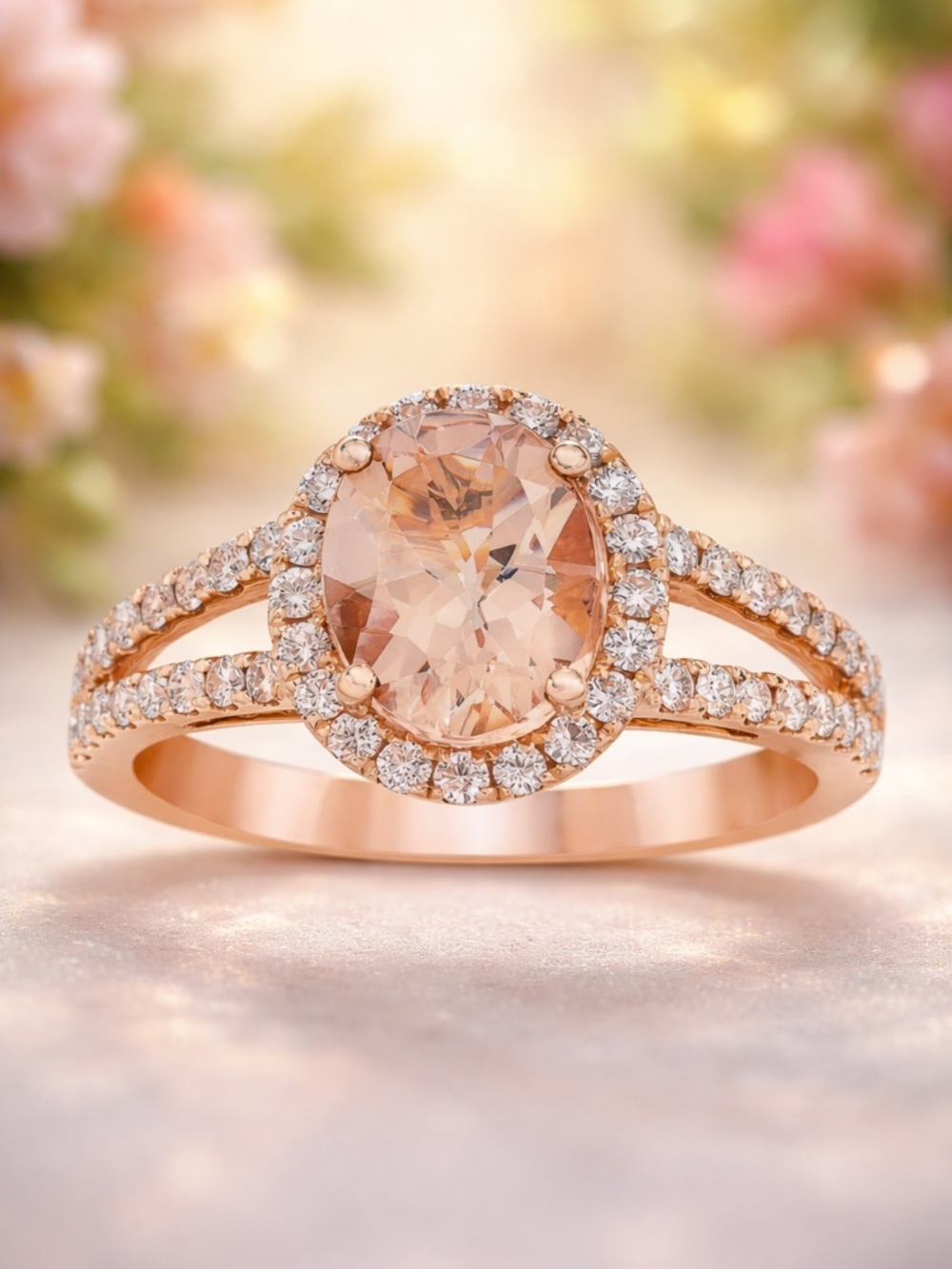 Rose Gold 14k Halo Morganite Engagement Ring - Elegant Women's Jewelry